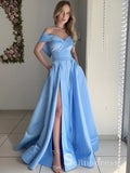 Chic A-line Off-the-shoulder Sky Blue Long Prom Dresses Satin Evening Dress CBD254