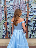Chic A-line Off-the-shoulder Sky Blue Long Prom Dresses Satin Evening Dress CBD285