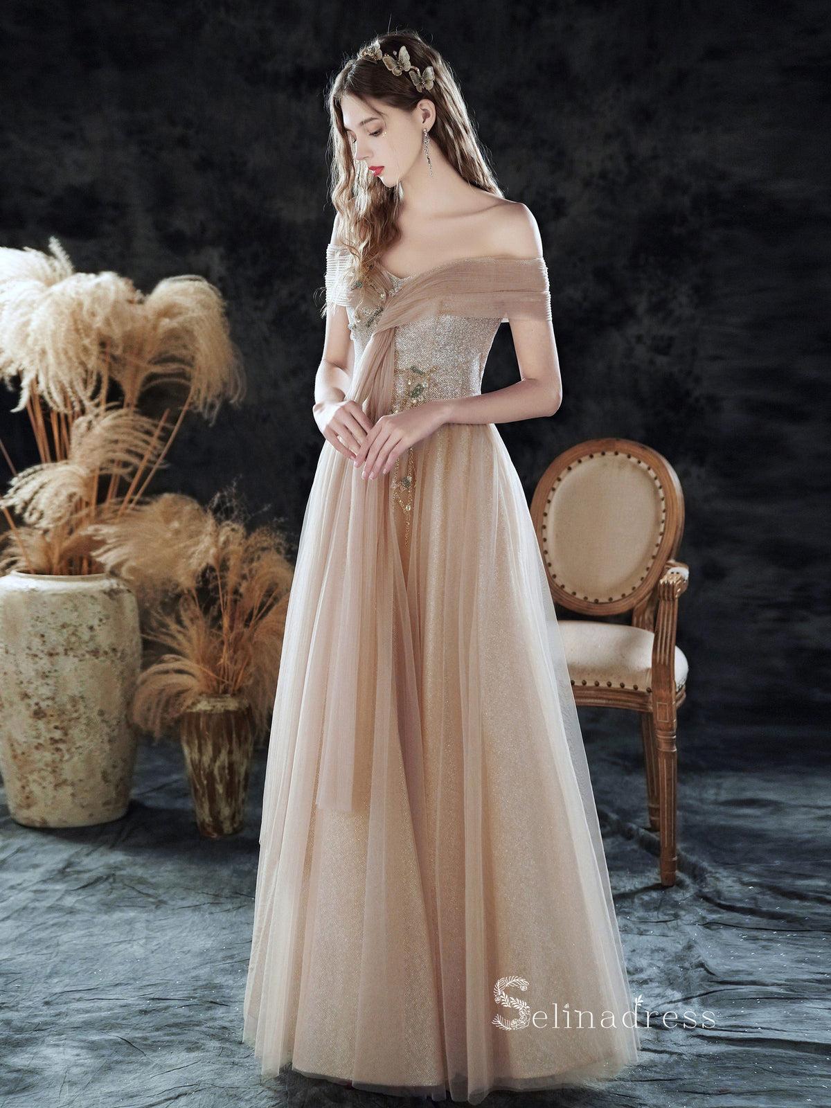 Chic A-line Off-the-Shoulder Long Prom Dresses Unique Formal Gowns CBD – SELINADRESS Chic A-line Off-the-Shoulder Long Prom Dresses Unique Formal Gowns CBD – SELINADRESS