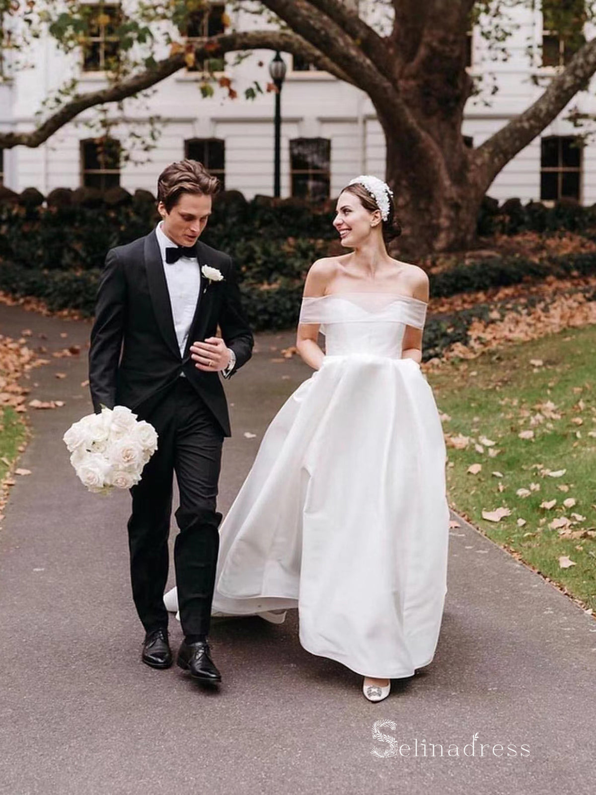 Chic A-line Off-the-shoulder White Simple Satin Wedding Dresses HKL0148|Selinadress