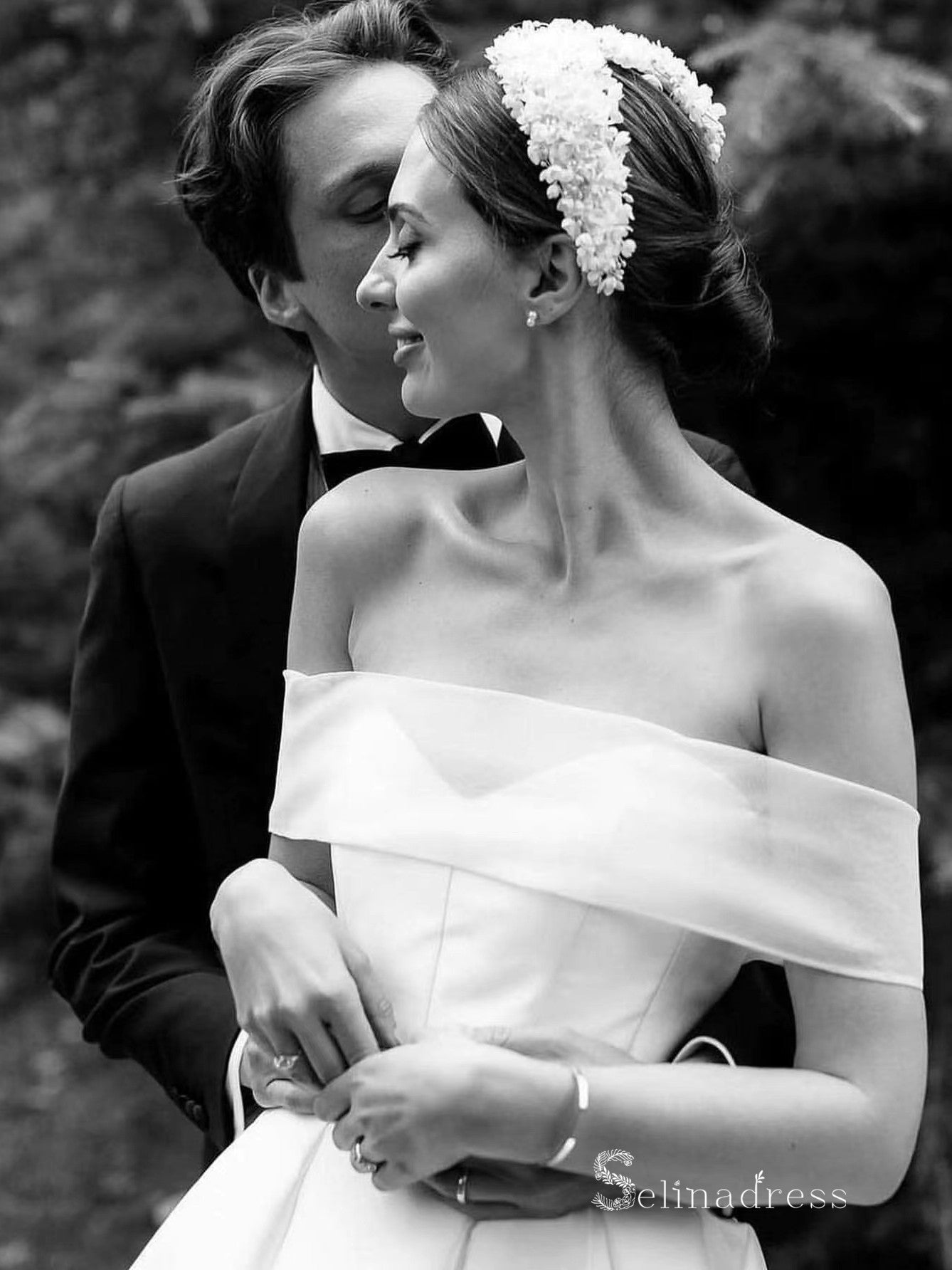 Chic A-line Off-the-shoulder White Simple Satin Wedding Dresses HKL0148|Selinadress