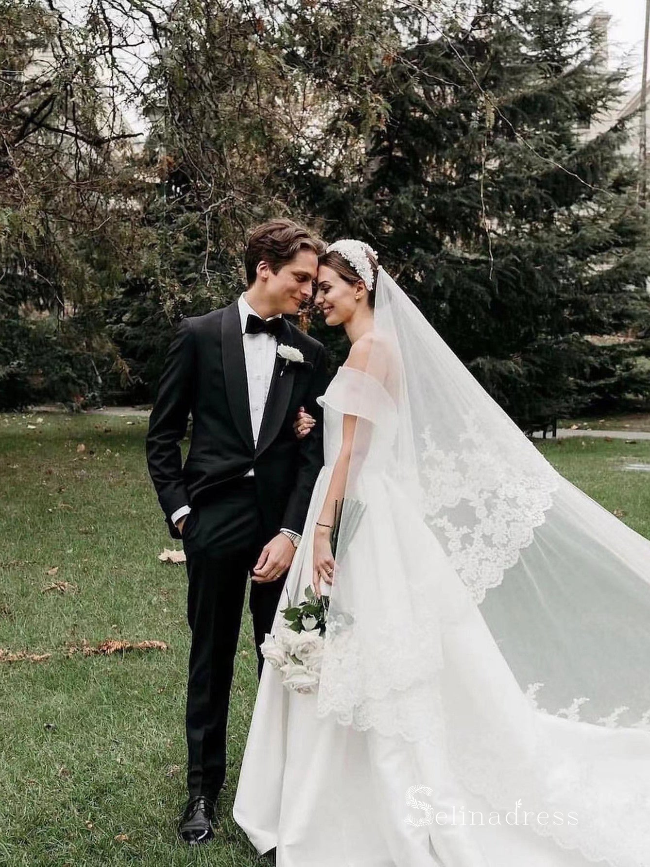 Chic A-line Off-the-shoulder White Simple Satin Wedding Dresses HKL0148|Selinadress