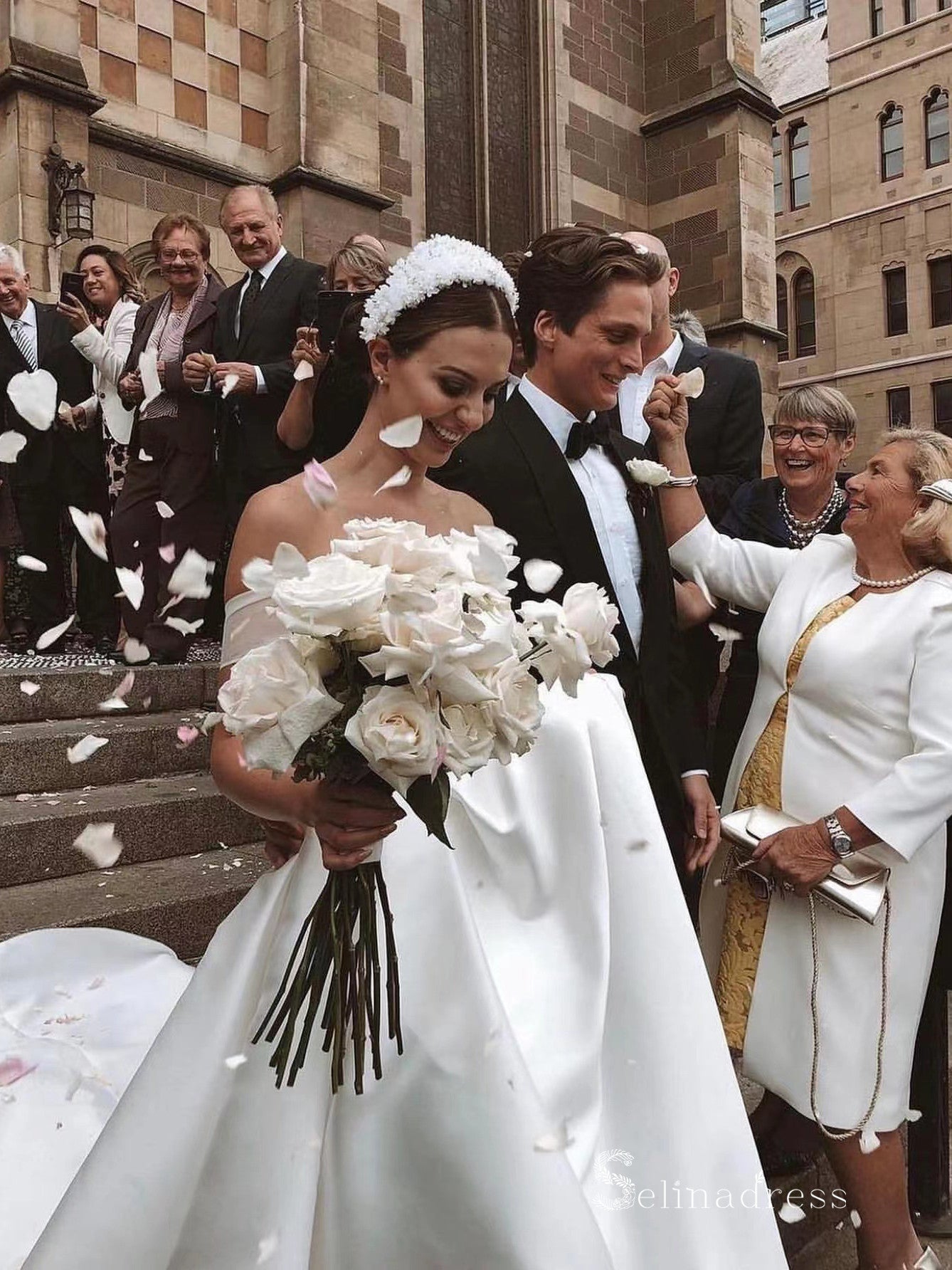 Chic A-line Off-the-shoulder White Simple Satin Wedding Dresses HKL0148|Selinadress