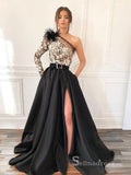Chic A-line One Shoulder Black Long Prom Dresses Applique Evening Gowns MHL174|Selinadress