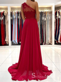 Chic A-line One Shoulder Chiffon Red Long Prom Dresses Evening Dresses MLH1247