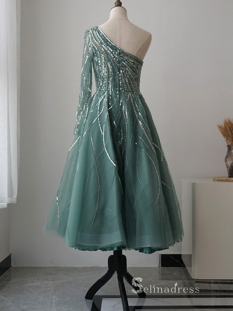 Chic A-line One Shoulder Tea Length Prom Dresses Sparkly Evening Dress SELINADRESS Chic A-line One Shoulder Tea Length Prom Dresses Sparkly Evening Dress SELINADRESS