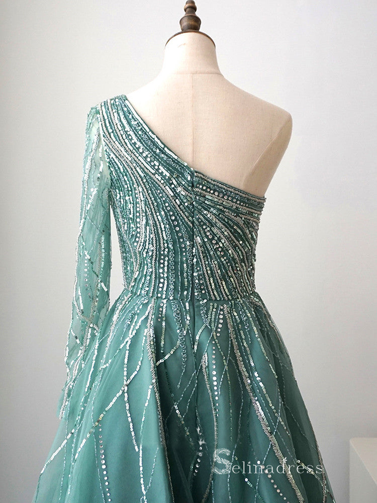 Chic A-line One Shoulder Tea Length Prom Dresses Sparkly Evening Dress SELINADRESS Chic A-line One Shoulder Tea Length Prom Dresses Sparkly Evening Dress SELINADRESS
