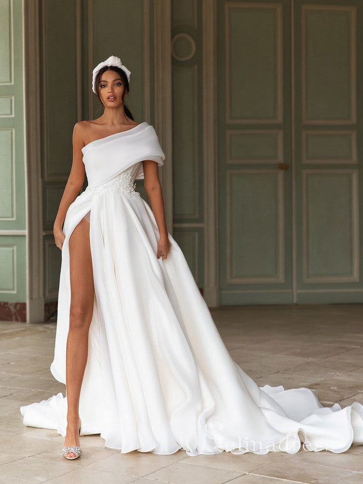 Chic A-line One Shoulder White Wedding Dresses WIth Big Bow Bridal Gow – SELINADRESS