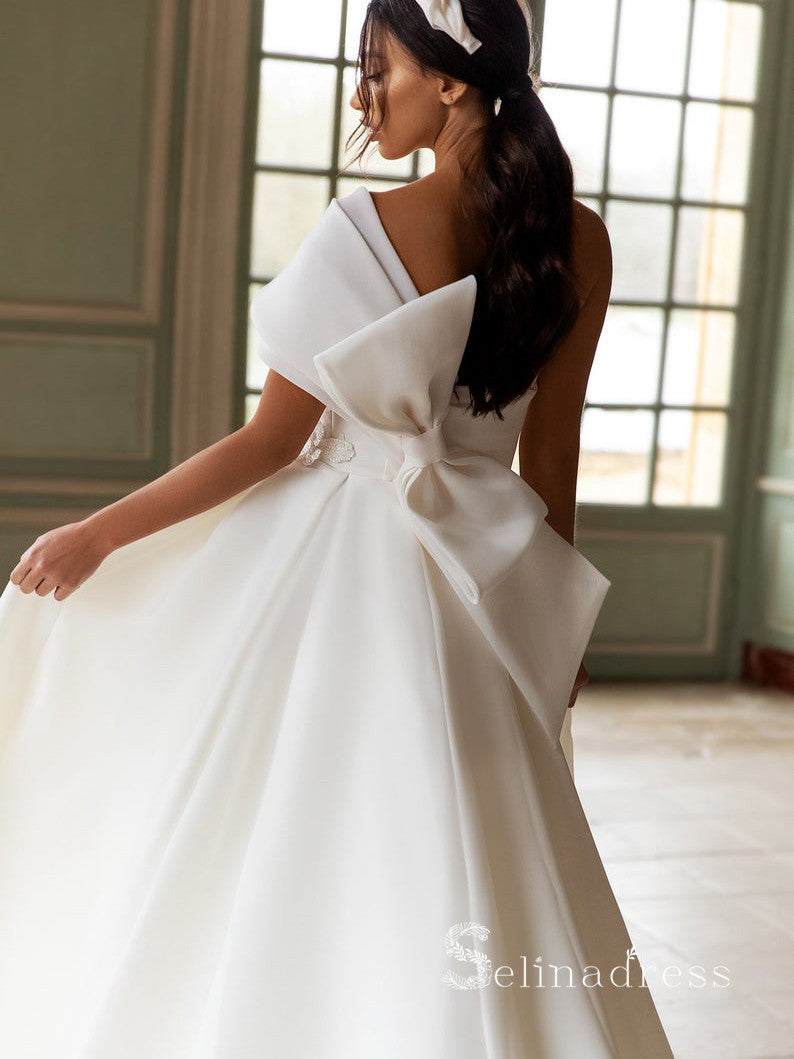 Chic A-line One Shoulder White Wedding Dresses WIth Big Bow Bridal Gow SELINADRESS Chic A-line One Shoulder White Wedding Dresses WIth Big Bow Bridal Gow SELINADRESS