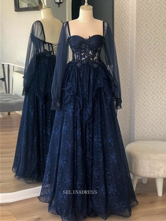 Chic A-line Dark Navy Long Prom Dresses With Long Sleeve Lace Evening Dresses POL019|Selinadress