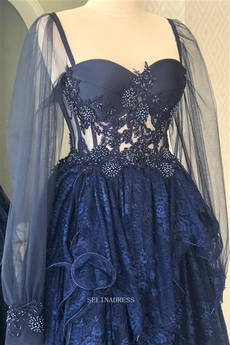 Chic A-line Dark Navy Long Prom Dresses With Long Sleeve Lace Evening SELINADRESS Chic A-line Dark Navy Long Prom Dresses With Long Sleeve Lace Evening SELINADRESS