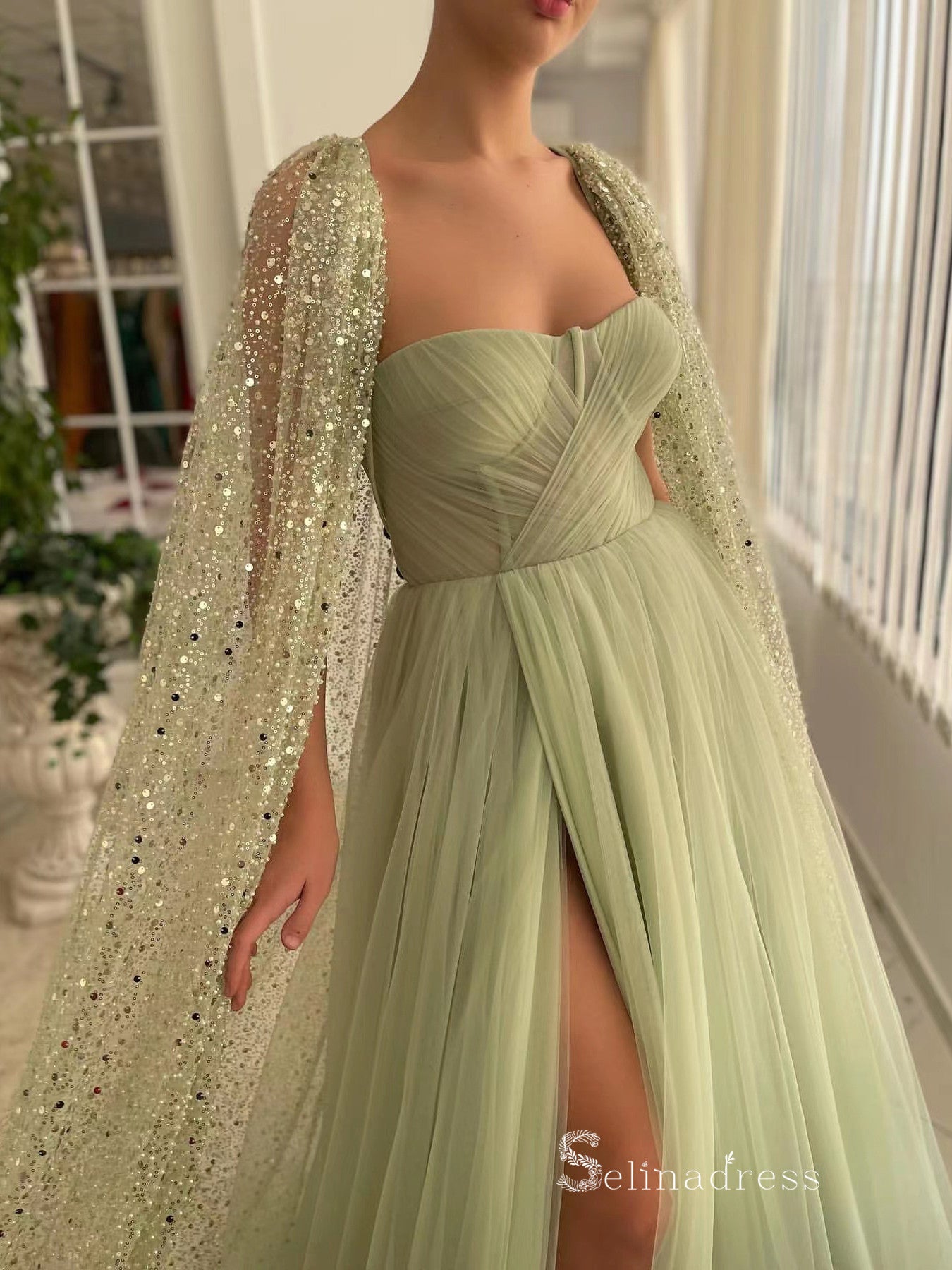 Chic A-line Sage Long Prom Dresses Modest Long Evening Gowns MLK020 SELINADRESS Chic A-line Sage Long Prom Dresses Modest Long Evening Gowns MLK020 SELINADRESS