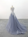 Chic A-line Scoop Blue Long Prom Dresses Applique Evening Dress MLK05165|Selinadress