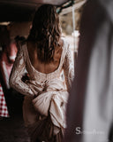 Chic A-line Scoop Chiffon Beach Wedding Dresses Wirth Long Sleeve Rustic Lace Wedding DressMLK0499|Selinadress