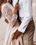Chic A-line Scoop Chiffon Beach Wedding Dresses Wirth Long Sleeve Rustic Lace Wedding DressMLK0499|Selinadress