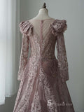 Chic A-line Scoop Long Sleeve luxury Pink Long Prom Dress Embroidery Lace Evening Gowns MLH0466|Selinadress