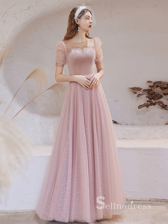 Chic A-line Scoop Pink Long Prom Dresses Short Sleeve Unique Formal Gowns CBD202|Selinadress