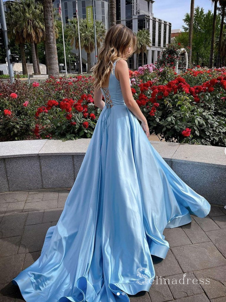 sky blue dress for women Chic A-line Scoop Sky Blue Long Prom Dresses Cheap Evening Dress CBD52 – SELINADRESS