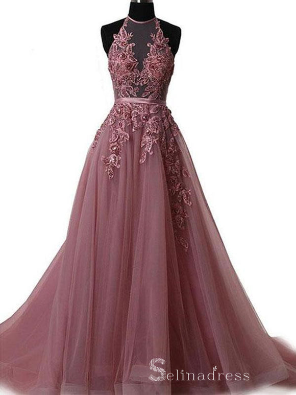 Chic A-line Scoop Spaghetti Straps Long Prom Dresses Applique Evening Dress CBD396|Selinadress