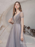 Chic A-line Scoop Unique Long Prom Dresses Short SleeveFormal Gowns CBD201|Selinadress