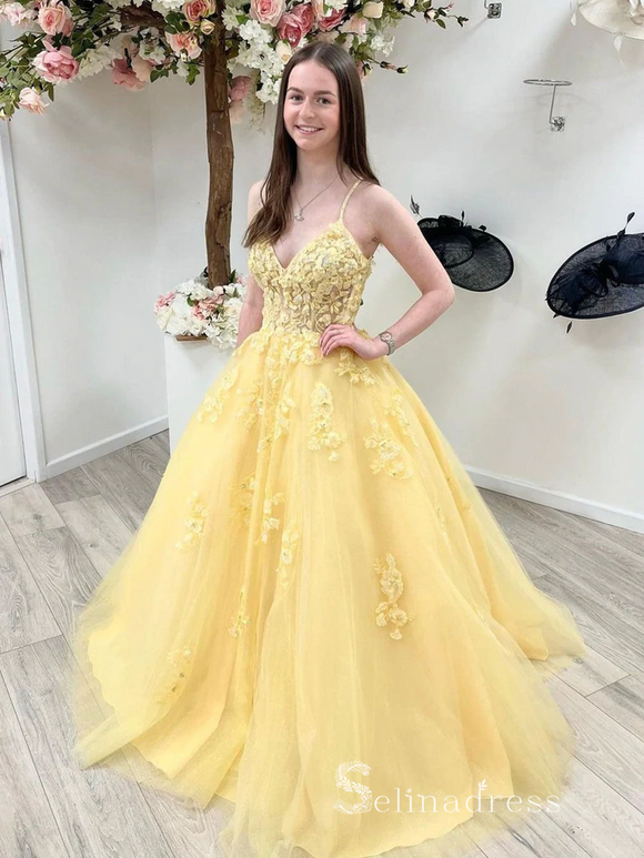 Chic A-line Spaghetti Strap Applique Long Prom Dresses Yellow Evening Dresses MLH1228|Selinadress
