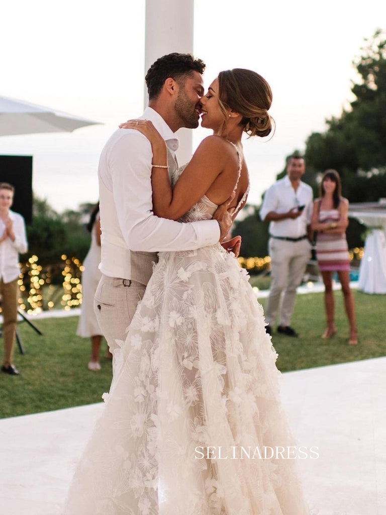 Chic A-line Spaghetti Straps 3D Floral Lace Wedding Dress Rustic Bridal  Gowns JKW202