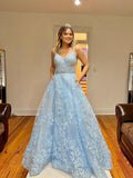 Chic A-line Spaghetti Straps Applique Lace Long Prom Dress Light Sky Blue Elegant Evening Dress #JKSS53|Selinadress