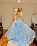 Chic A-line Spaghetti Straps Applique Lace Long Prom Dress Light Sky Blue Elegant Evening Dress #JKSS53|Selinadress