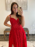 Chic A-line Spaghetti Straps Applique Lace Long Prom Dress Red Elegant Evening Dress #JKSS47|Selinadress