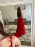 Chic A-line Spaghetti Straps Applique Lace Long Prom Dress Red Elegant Evening Dress #JKSS47|Selinadress