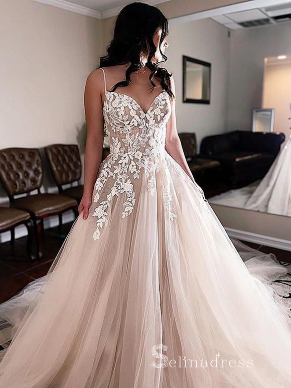 Chic A-line Spaghetti Straps Applique Long Prom Dresses Evening Dresses MLH1246|Selinadress