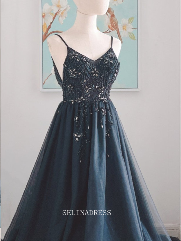 Chic A-line Spaghetti Straps Black Long Prom Dresses Beaded Bridesmaid SELINADRESS Chic A-line Spaghetti Straps Black Long Prom Dresses Beaded Bridesmaid SELINADRESS