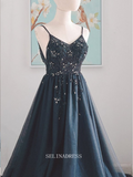 Chic A-line Spaghetti Straps Black Long Prom Dresses Beaded Bridesmaid Dresses Long Formal Dress OSTY055