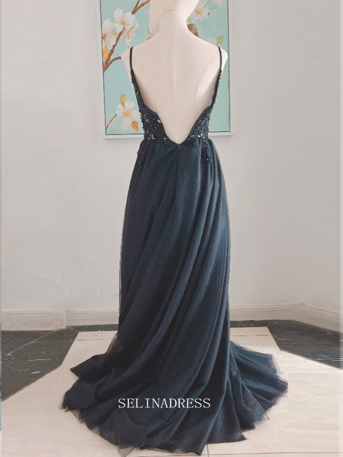 Chic A-line Spaghetti Straps Black Long Prom Dresses Beaded Bridesmaid SELINADRESS Chic A-line Spaghetti Straps Black Long Prom Dresses Beaded Bridesmaid SELINADRESS