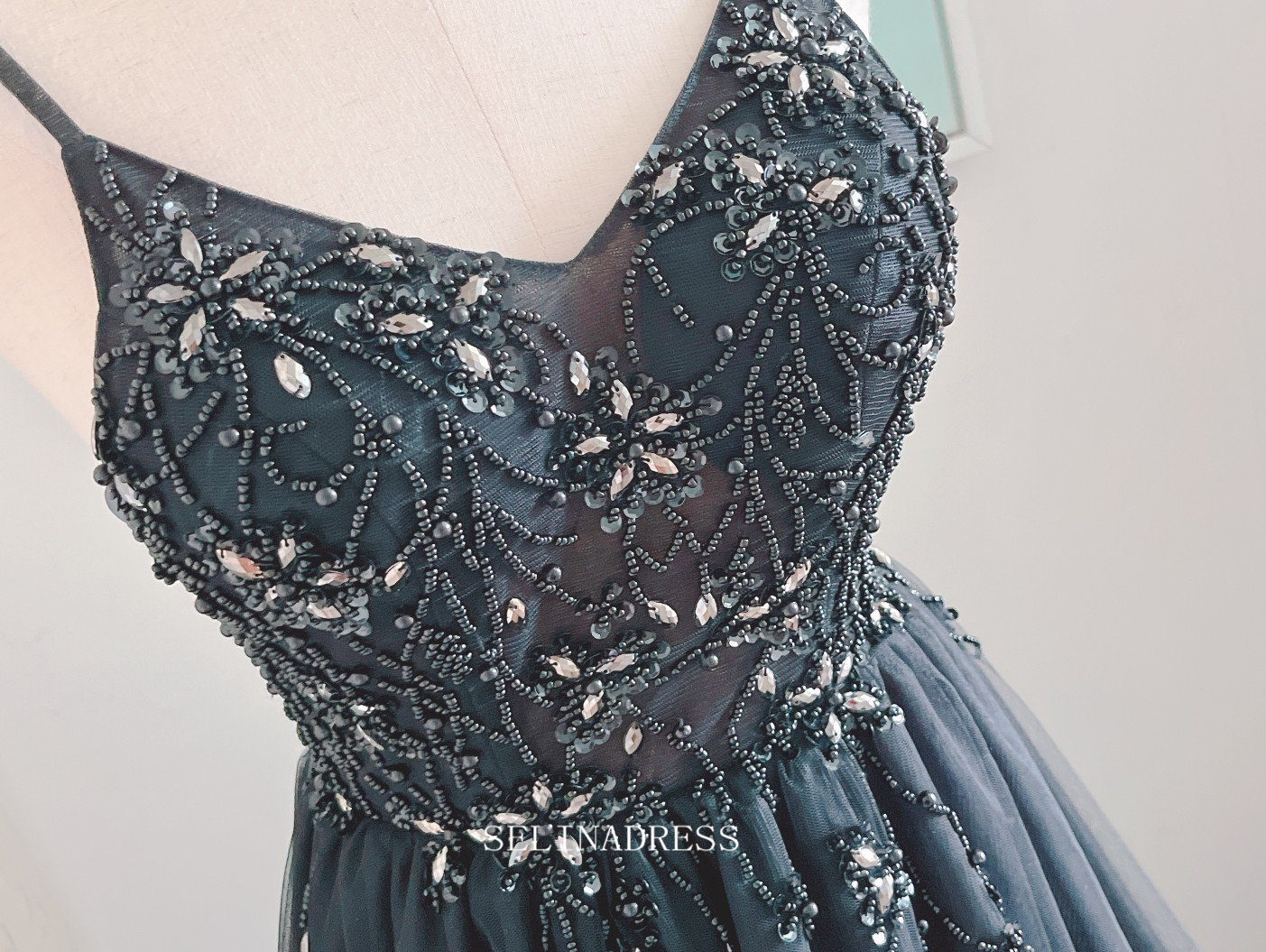 Chic A-line Spaghetti Straps Black Long Prom Dresses Beaded Bridesmaid SELINADRESS Chic A-line Spaghetti Straps Black Long Prom Dresses Beaded Bridesmaid SELINADRESS