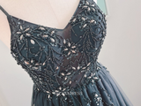 Chic A-line Spaghetti Straps Black Long Prom Dresses Beaded Bridesmaid Dresses Long Formal Dress OSTY055
