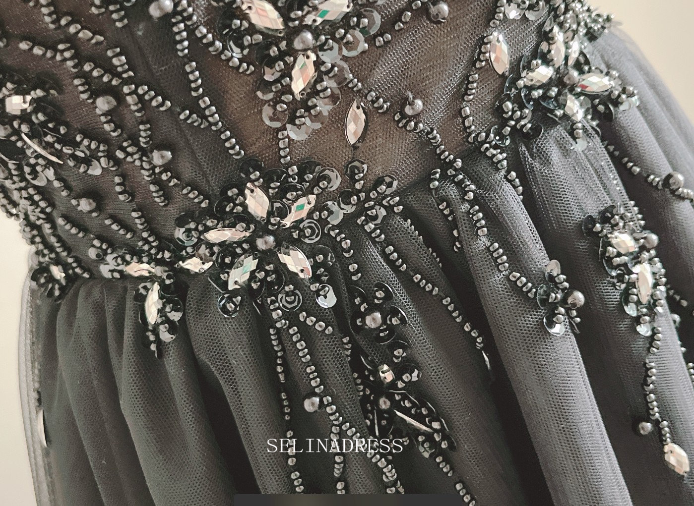 Chic A-line Spaghetti Straps Black Long Prom Dresses Beaded Bridesmaid SELINADRESS Chic A-line Spaghetti Straps Black Long Prom Dresses Beaded Bridesmaid SELINADRESS