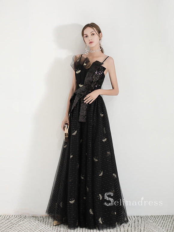 Chic A-line Spaghetti Straps Black Long Prom Dresses Unique Evening Dress MSK007|Selinadress