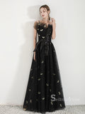 Chic A-line Spaghetti Straps Black Long Prom Dresses Unique Evening Dress MSK007|Selinadress