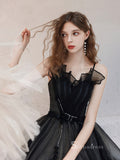 Chic A-line Spaghetti Straps Black Long Prom Dresses Unique Formal Gowns CBD117