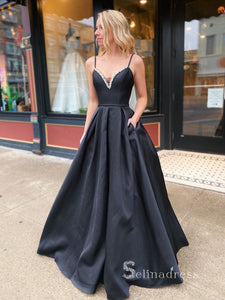 Chic A-line Spaghetti Straps Black Prom Dresses Long Evening Dress CBD044