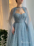Chic A-line Spaghetti Straps Blue Long Prom Dresses Cheap Evening Dresses MLH1997|Selinadress