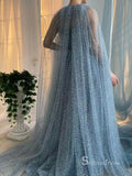 Chic A-line Spaghetti Straps Blue Long Prom Dresses Cheap Evening Dresses MLH1997|Selinadress