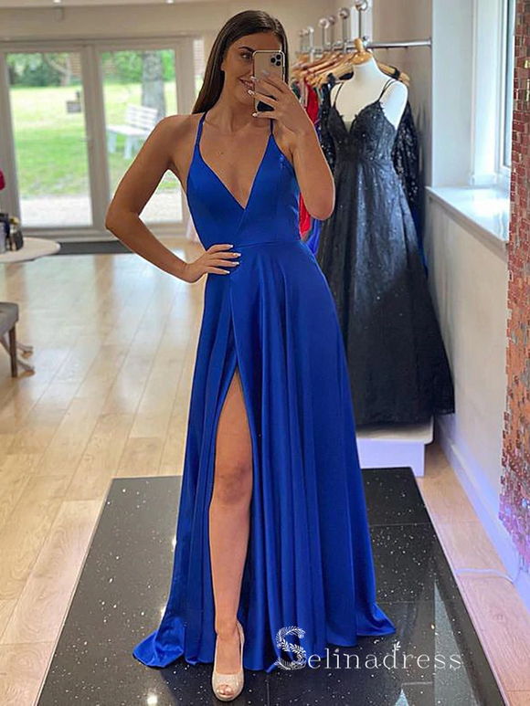 Chic A-line Spaghetti Straps Blue Long Prom Dresses Simple Evening Dresses MLH1241|Selinadress