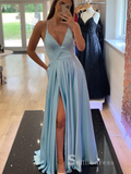 Chic A-line Spaghetti Straps Blue Long Prom Dresses Simple Evening Dresses MLH1241|Selinadress