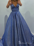 Chic A-line Spaghetti Straps Blue Long Prom Dresses Sparkly Evening Dress CBD283|Selinadress
