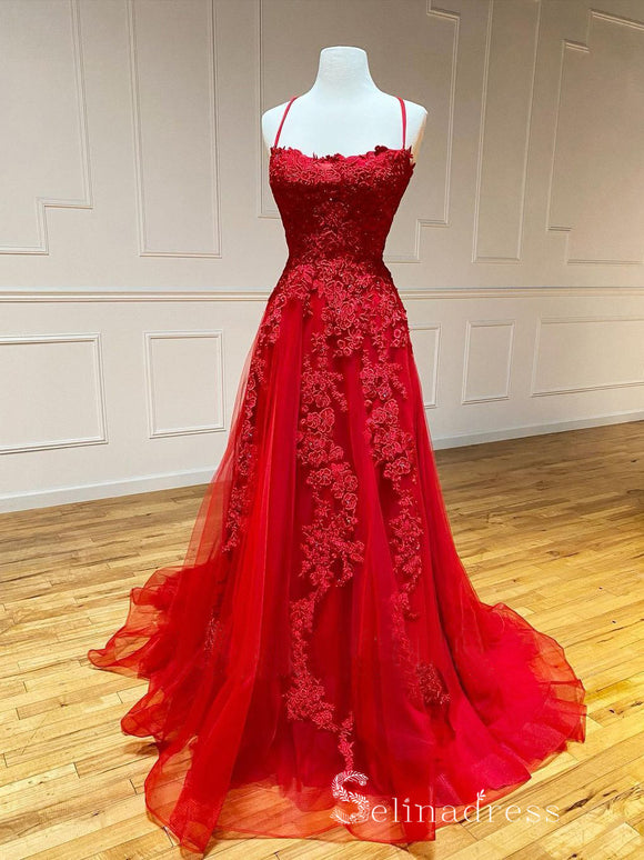 Chic A-line Spaghetti Straps Burgundy Long Prom Dresses Applique Evening Dress CBD377|Selinadress