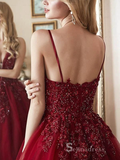 Chic A-line Spaghetti Straps Burgundy Long Prom Dresses Beaded Evening Gowns MHL171|Selinadress