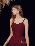 Chic A-line Spaghetti Straps Burgundy Long Prom Dresses Unique Formal Gowns CBD113