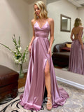 Chic A-line Spaghetti Straps Cheap Long Prom Dresses Thigh Split Formal Gowns CBD049